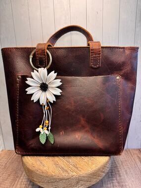 White Daisy Purse Charm Genuine Leather Summer White Flower Bag Charm NEW!
